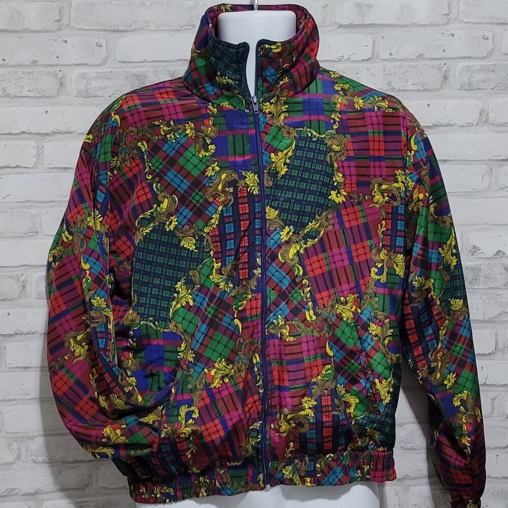 EVR Vtg Patchwork Plaid Tartan Baroque Zipper Jacket Windbreaker Medium